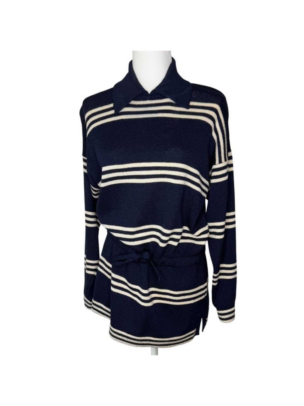 Vintage St. John Navy Striped Knit‎ Collared Waist Tie Sweater Top Small